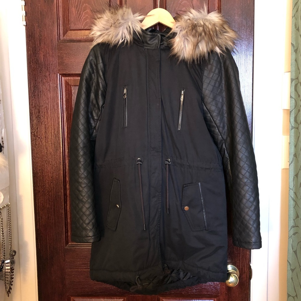 Winter Jacket with Vegan leather sleeves & collar & removable hood & faux fur